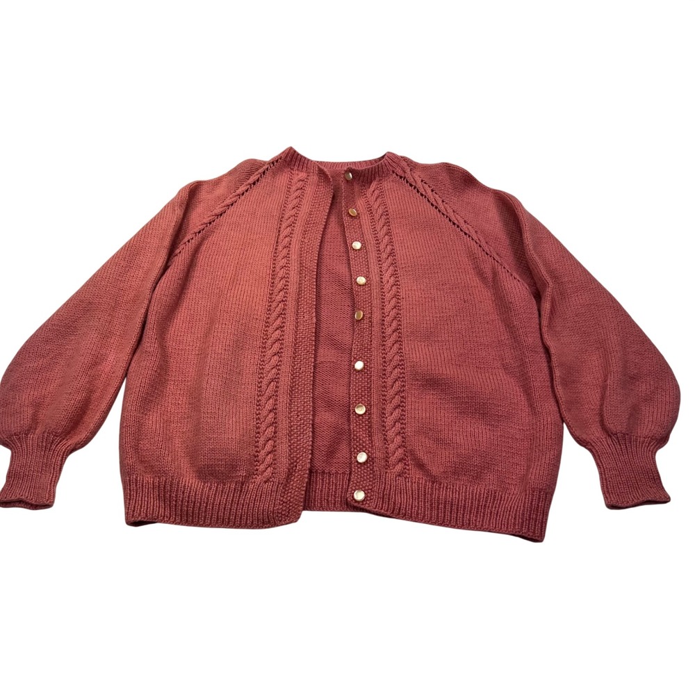 Vintage Handknitted Rose Austrian Style Cardigan Size L Chunky Raglan Knit READ